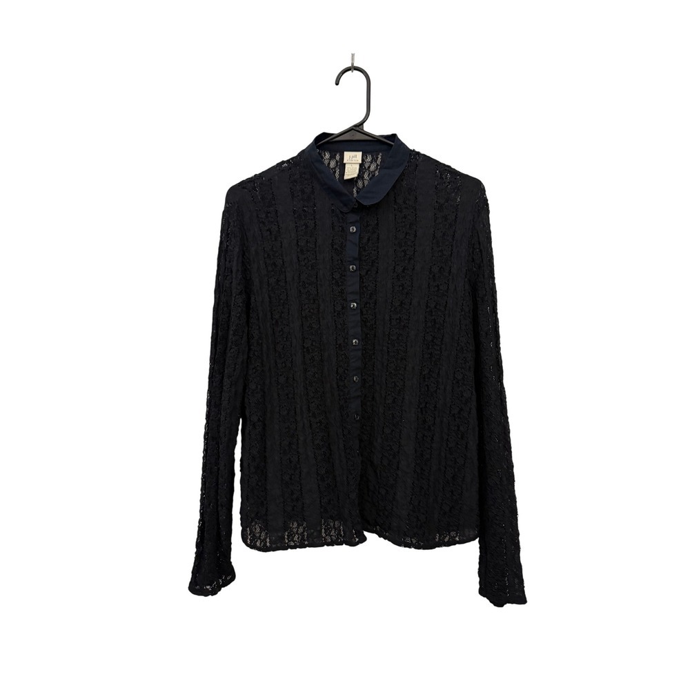 Black Lace Button‎ Up Long Sleeve Shirt Top Women's Size L